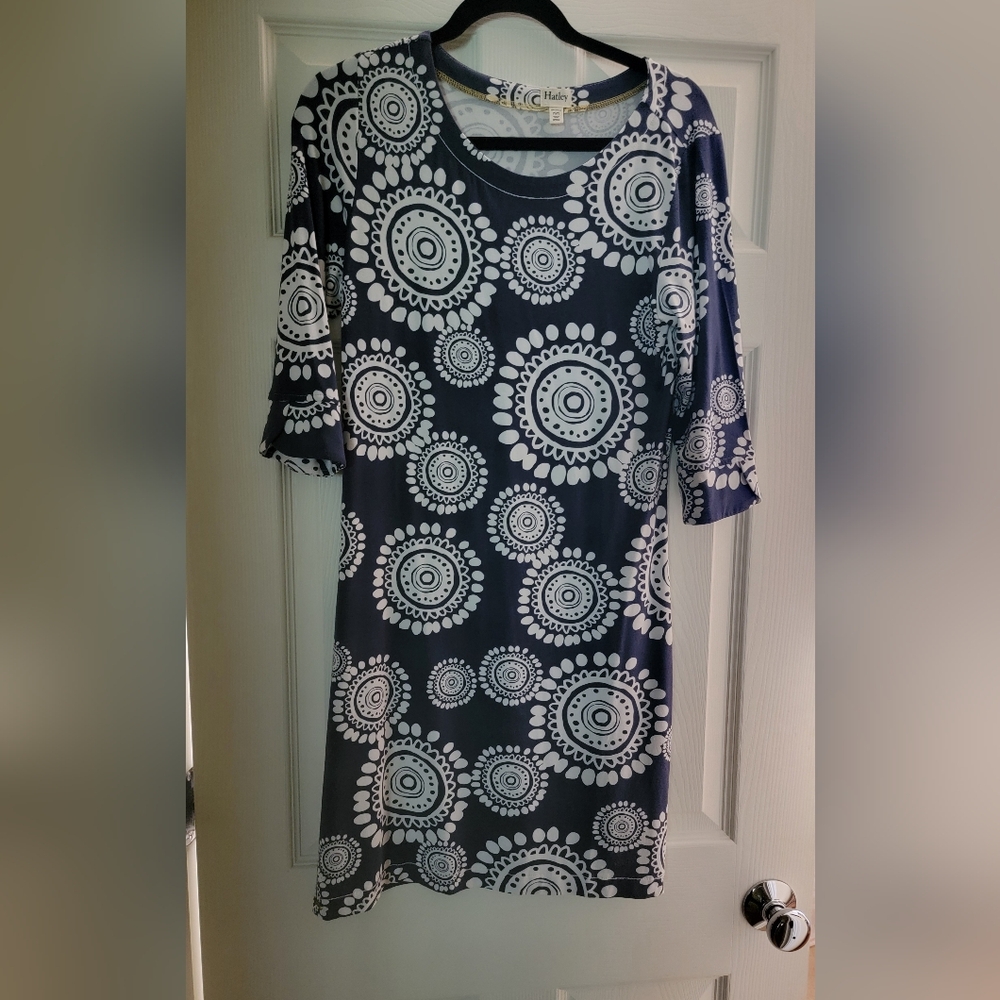 Navy and White Circular Print Midi Dress